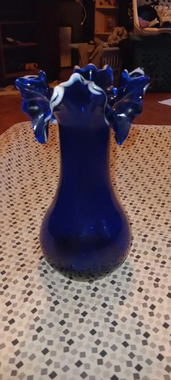 Vintage Deep Cobalt Blue Vase with Scalloped Crimped Ruffled Top Edge 8”